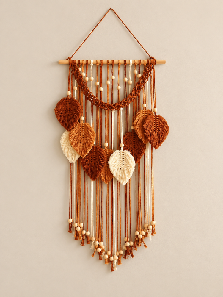Supplier photograph of the dowel and cords from behind, macrame leaf dowel in two designs, 75 to 96 cm