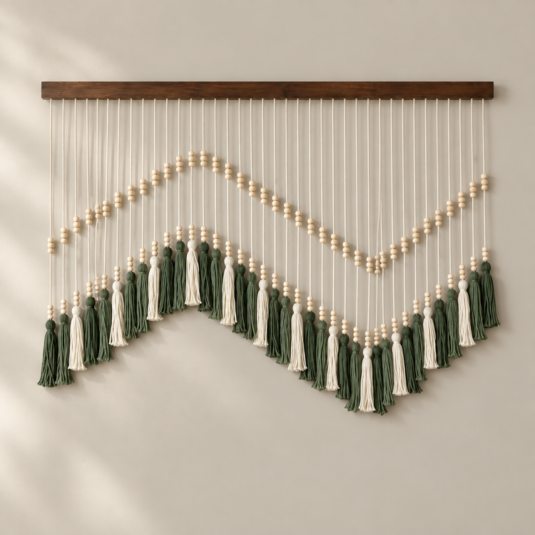Type N Green studio on cream, beaded zigzag tassel panel, m or n wave