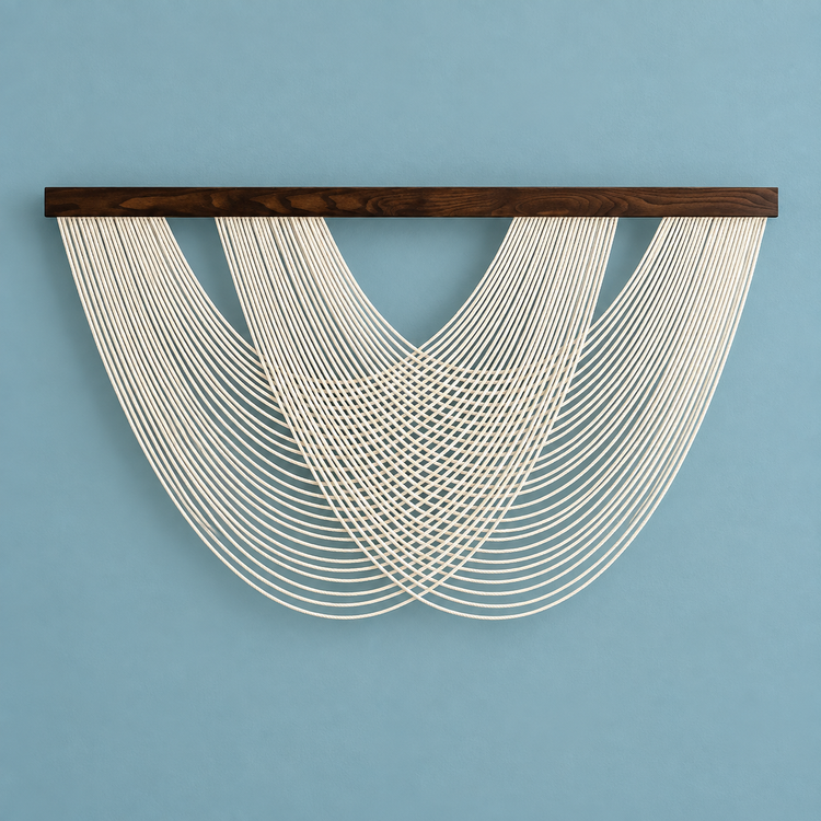 White studio on blue, woven lattice swag in 3 colors, twisted cord, dark stained wood batten