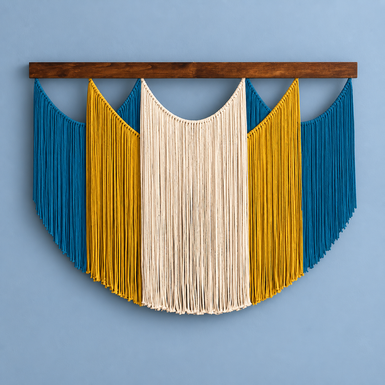 Yellow studio on blue, shield panel, 4 colors, twisted cord, dark stained wood batten