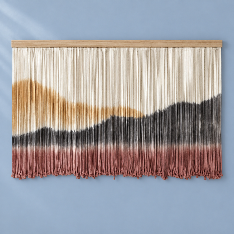 Gold, charcoal and terracotta dip dyed mountain wall hanging on a blue ground