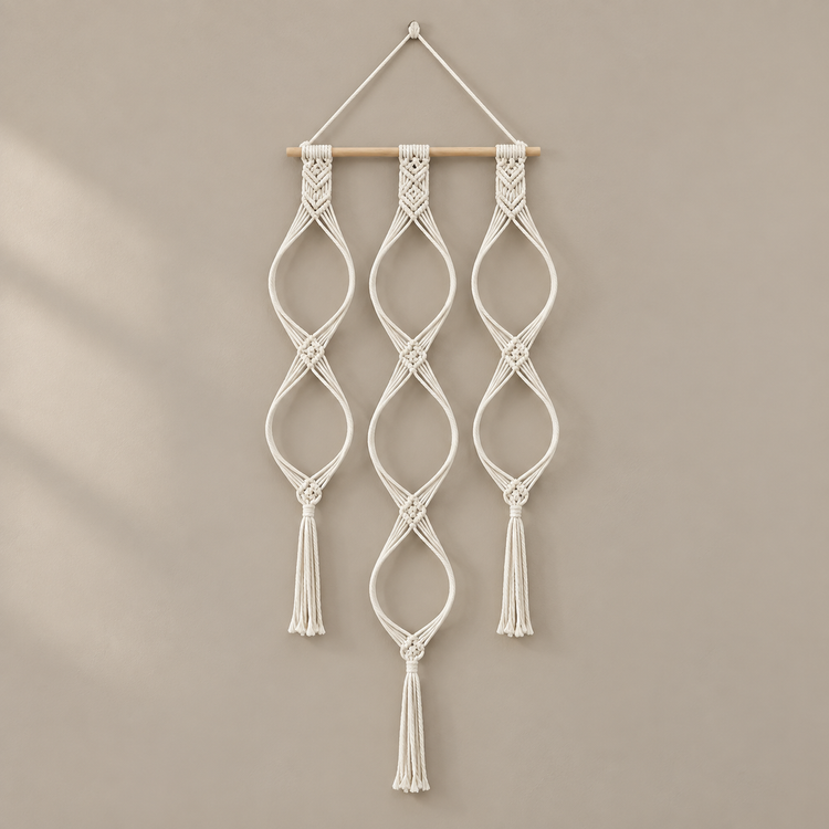 Cream three column macrame hat rack with open loops on a pale gray wall