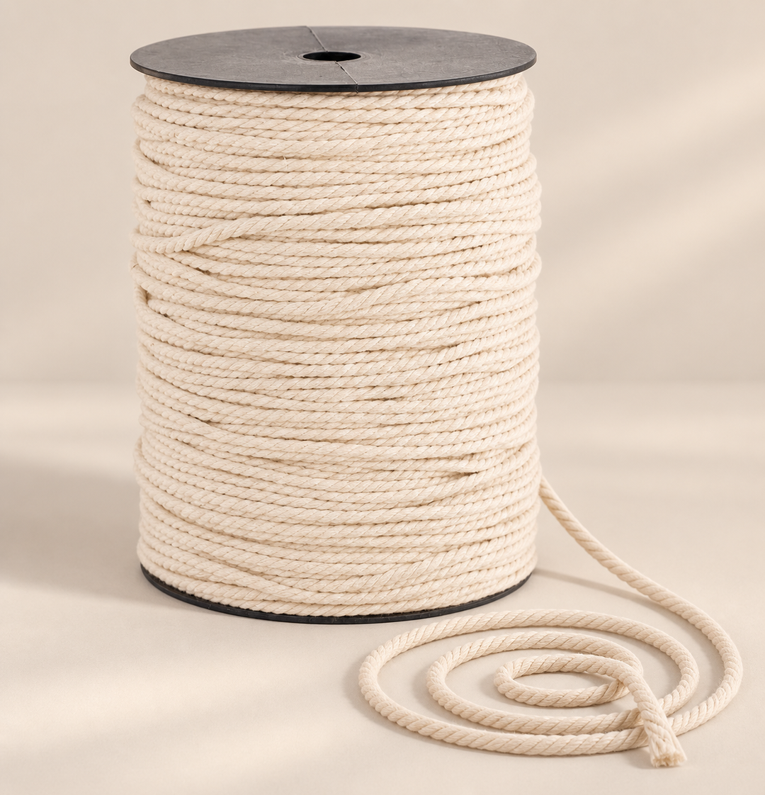 A large spool of thick cream-colored cotton rope with a black plastic core, shown on a warm beige background with a length of the rope coiled in front.