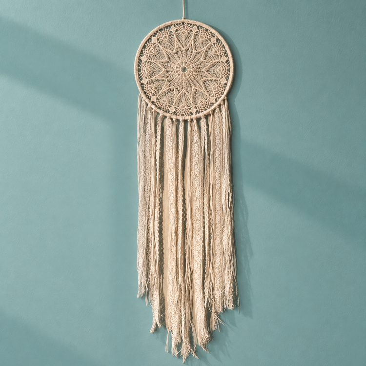 Option 5, cream round mandala, studio on teal, hoop, moon or eye triangle