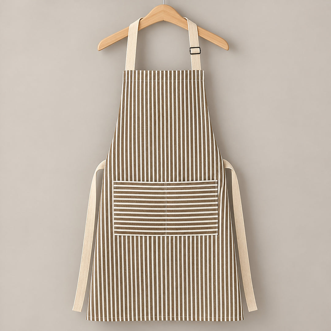 One brown striped bib apron with beige straps and divided front pocket.