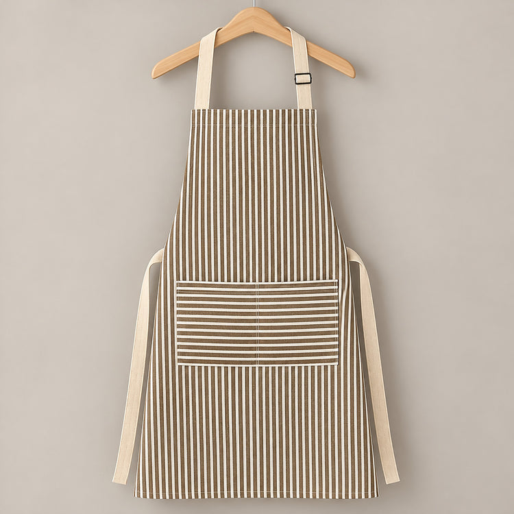 One brown striped bib apron with beige straps and divided front pocket.