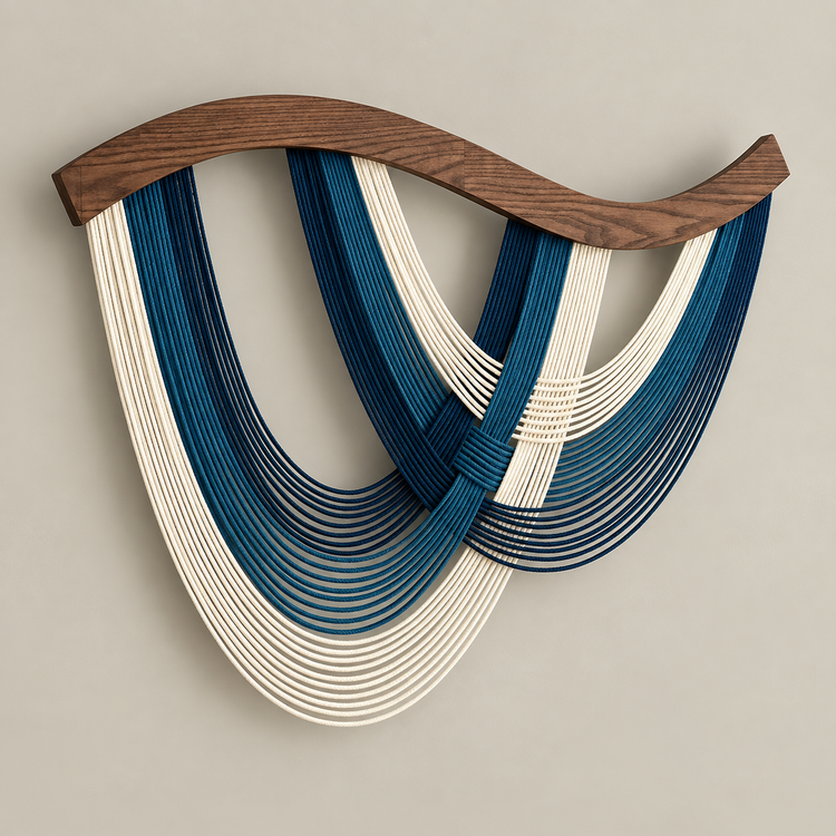 Blue studio on cream, crossed swags in four colors, twisted cord, dark stained wave-cut wood rod
