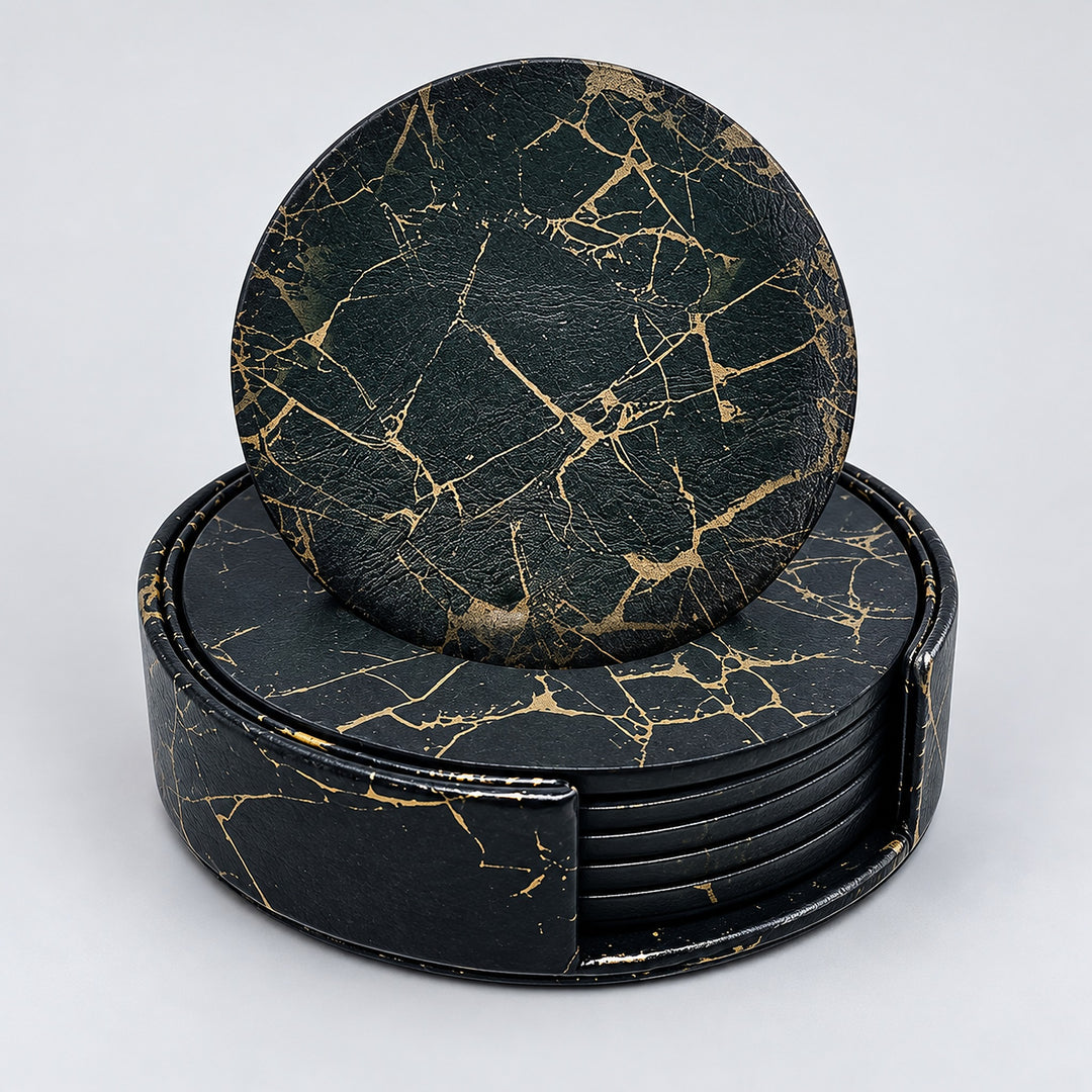 Six black and gold 10 cm artificial-leather coasters with matching holder.
