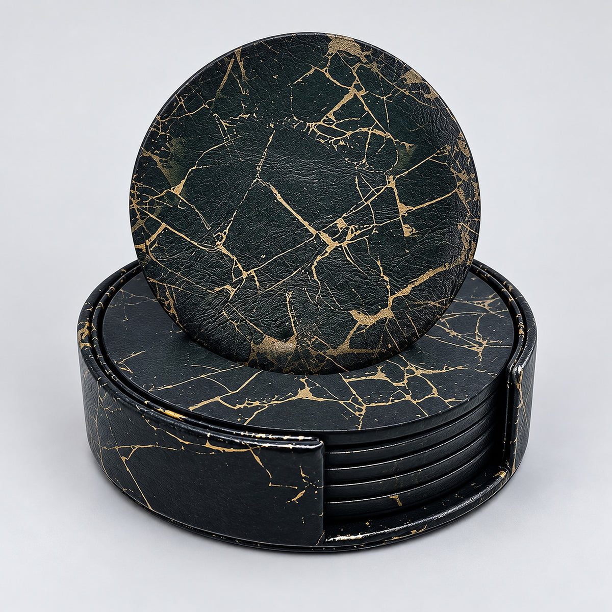 Six black and gold 10 cm artificial-leather coasters with matching holder.