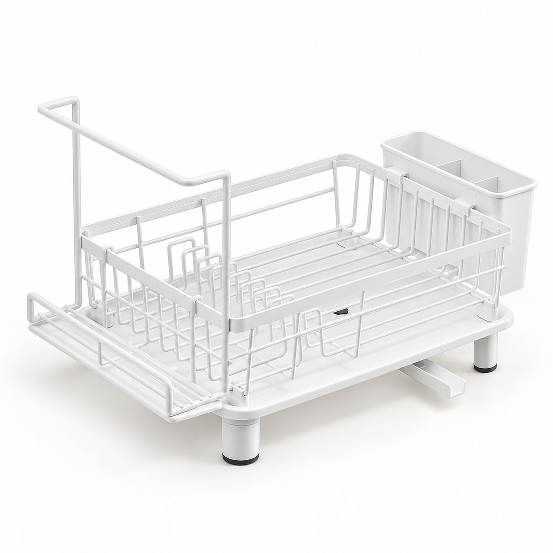 A white metal dish rack with a lower tray, upper wire rack, drainage legs, and a side storage bin, shown on a clean white background.
