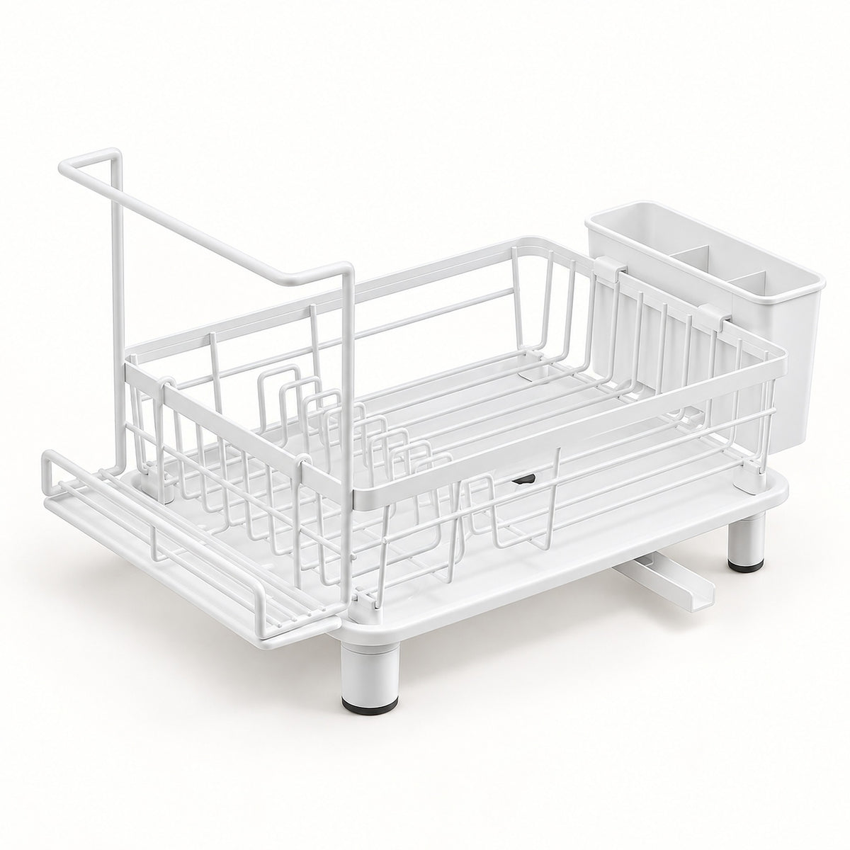 A white metal dish rack with a lower tray, upper wire rack, drainage legs, and a side storage bin, shown on a clean white background.