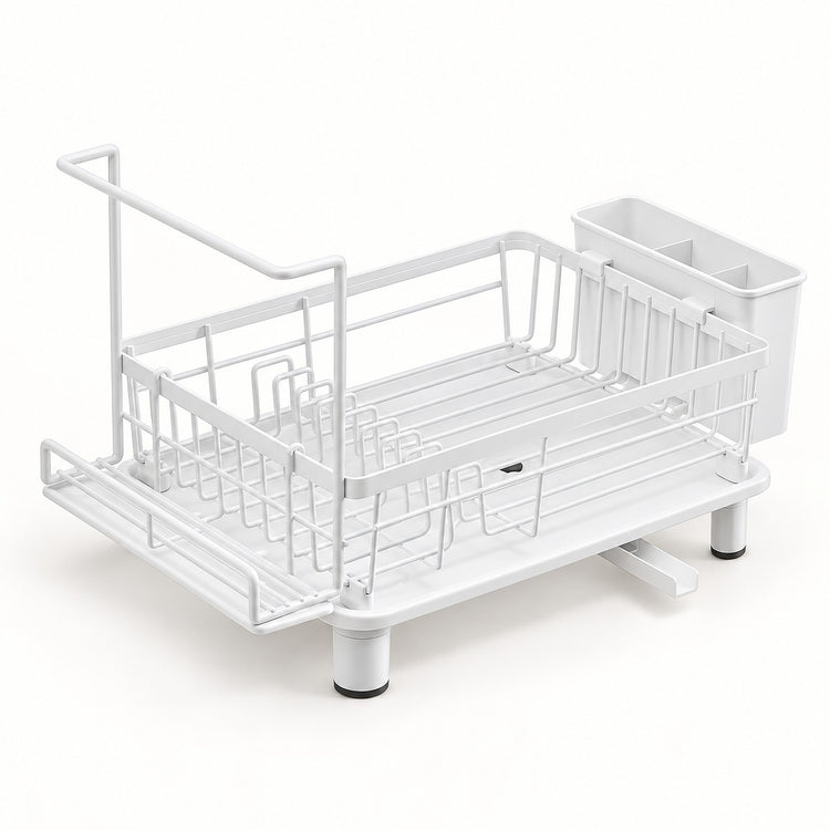 A white metal dish rack with a lower tray, upper wire rack, drainage legs, and a side storage bin, shown on a clean white background.