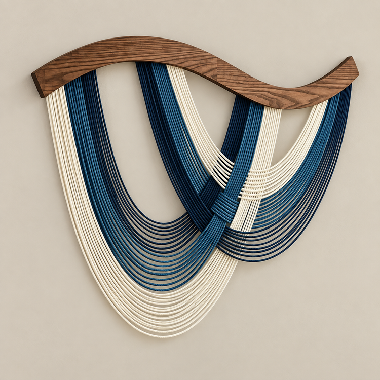 A1 blue studio on cream, crossed swags on wood, twisted cord, dark stained wave-cut wood rod