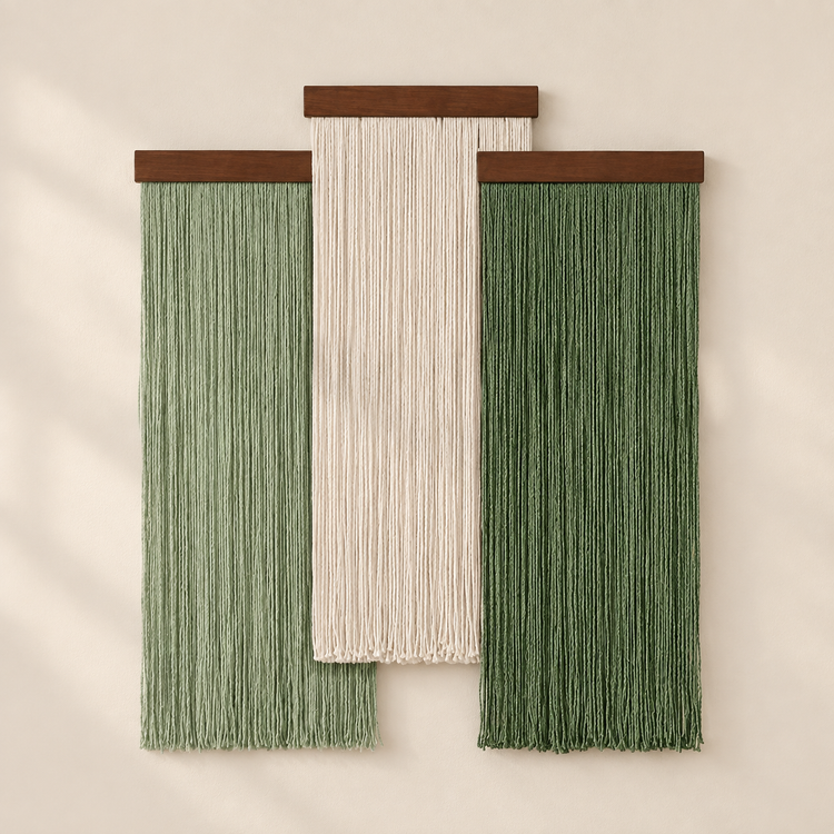 Three fringe panels in sage, cream and green at staggered heights on sand