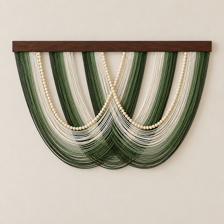 B-03 green swags with beads, 16 swag and fringe styles, fine twisted cord, pale wooden beads on the B series