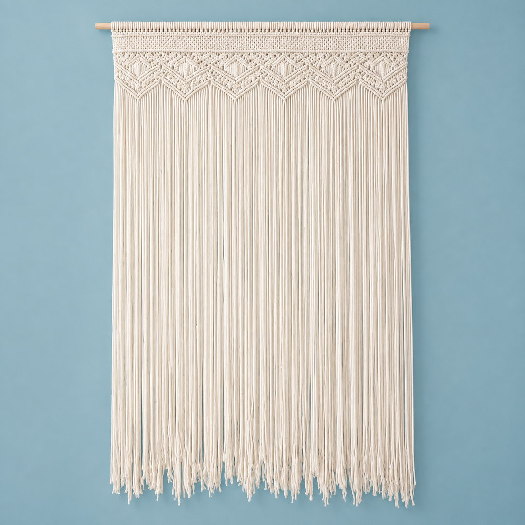 An off-white macrame wall hanging with a geometric woven pattern at the top and long fringe hanging below, suspended from a light natural wood dowel against a solid light blue wall.