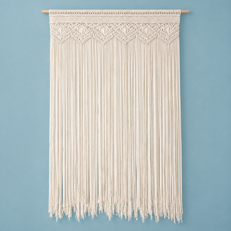 C 130x180 studio on blue, macrame door panel in 6 sizes, twisted cord, wooden hanging rod