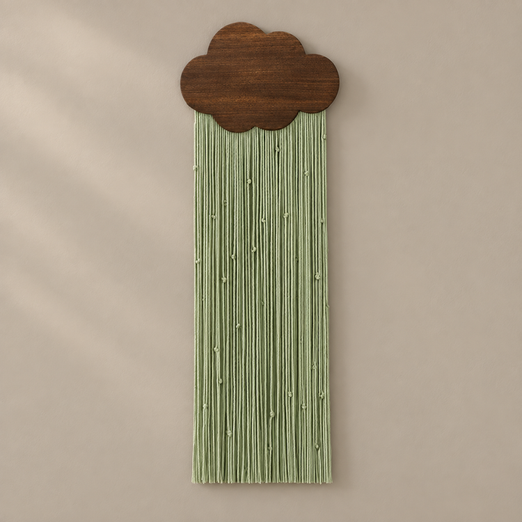 C, sage green, studio on cream, rain cord in 4 colors, dark stained wood cloud panel, twisted cord with knotted detail