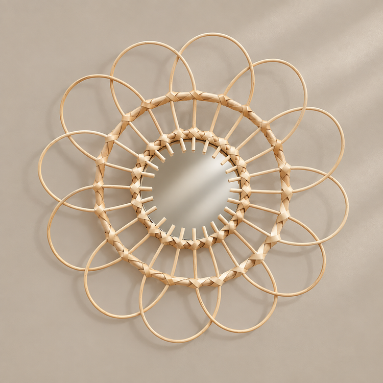 Natural rattan flower hoop mirror against a warm neutral studio background