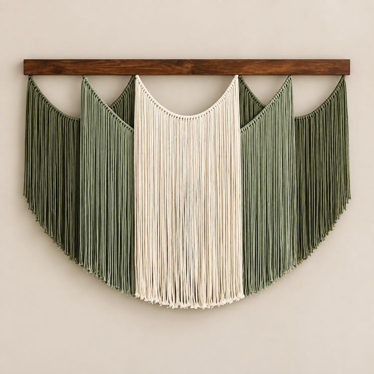Green studio on cream, shield panel, 4 colors, twisted cord, dark stained wood batten