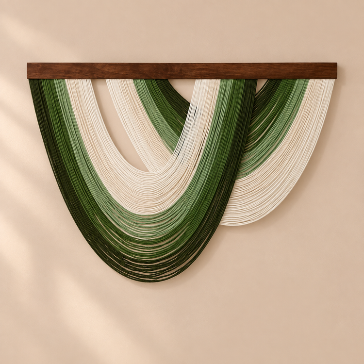 Deep green and sage open fan wall hanging under a dark batten on sand