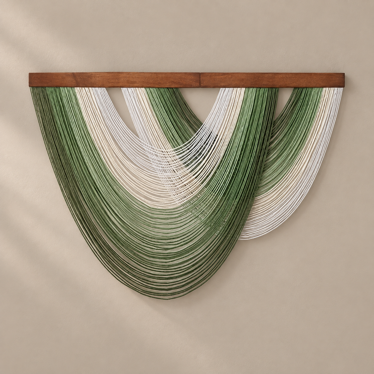 Green studio on cream, graded swag fan in four colorways, fine twisted cord, stained wood rod