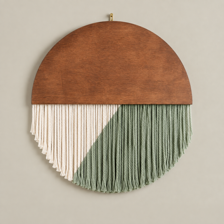 Green Half Circle studio on cream, wood half disc in four fringe silhouettes
