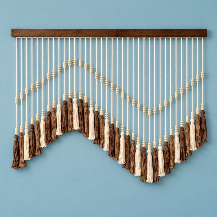 N-type coffee color studio on blue, zigzag bead and tassel curtain