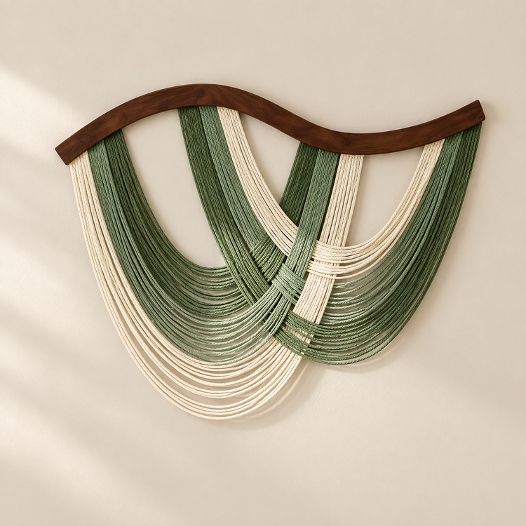 A modern wavy wooden wall hanging with layered strands of green and cream rope, displayed on a warm beige wall with soft natural shadows.