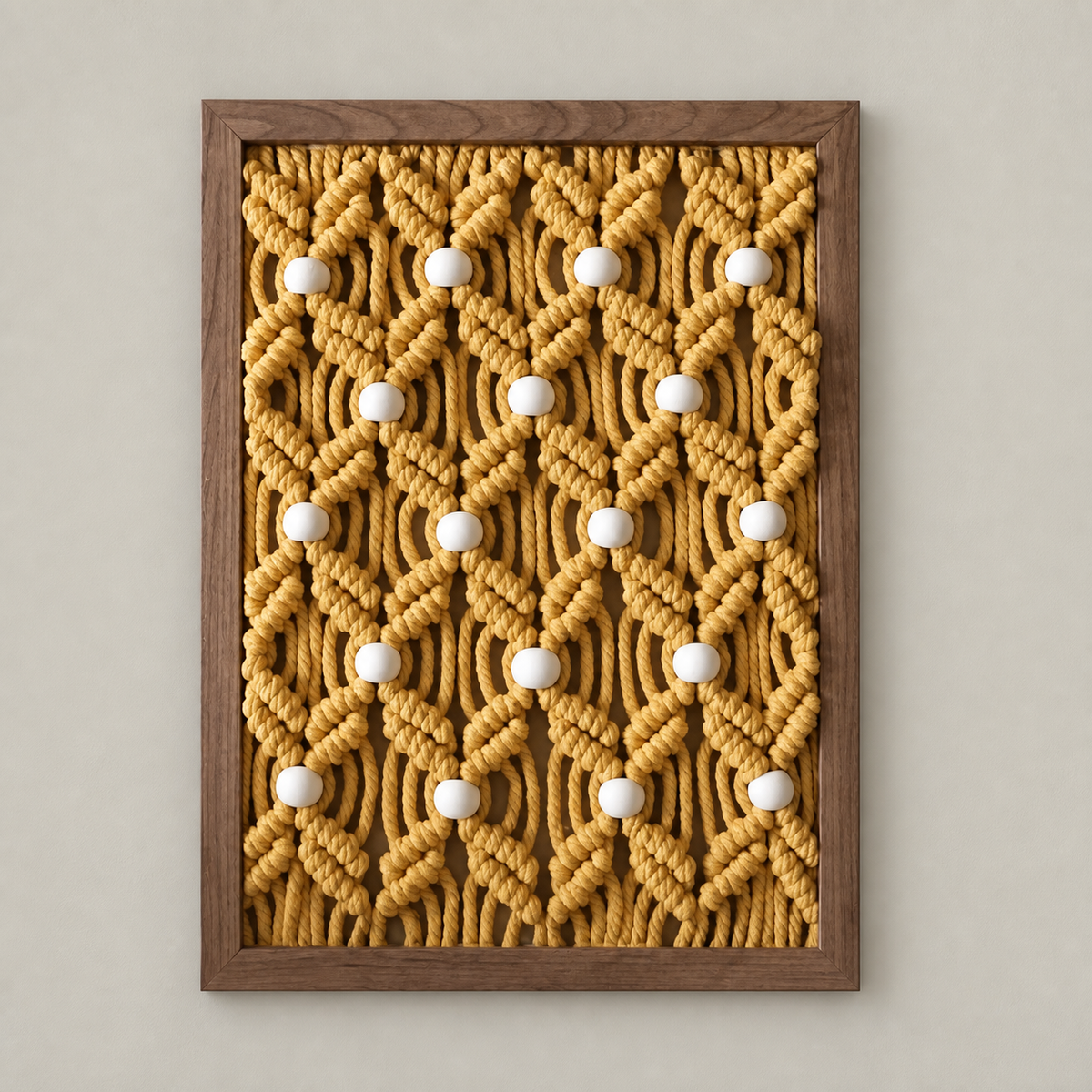 A framed wall art piece featuring a mustard yellow knotted rope pattern with evenly spaced white round beads, set in a medium brown wooden frame against a light beige wall.