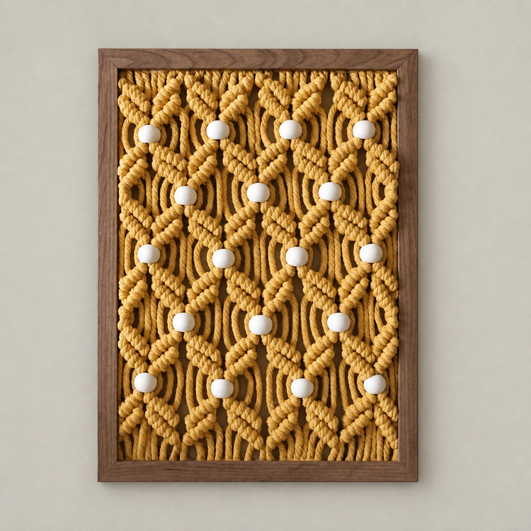 Cream frame propped on a console beside a vase, macrame panel in 13 knot styles