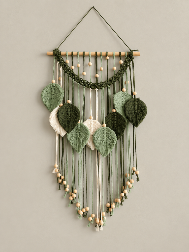 Green version with the size diagram, 75cm by 39.5cm, macrame leaf dowel in two designs, 75 to 96 cm