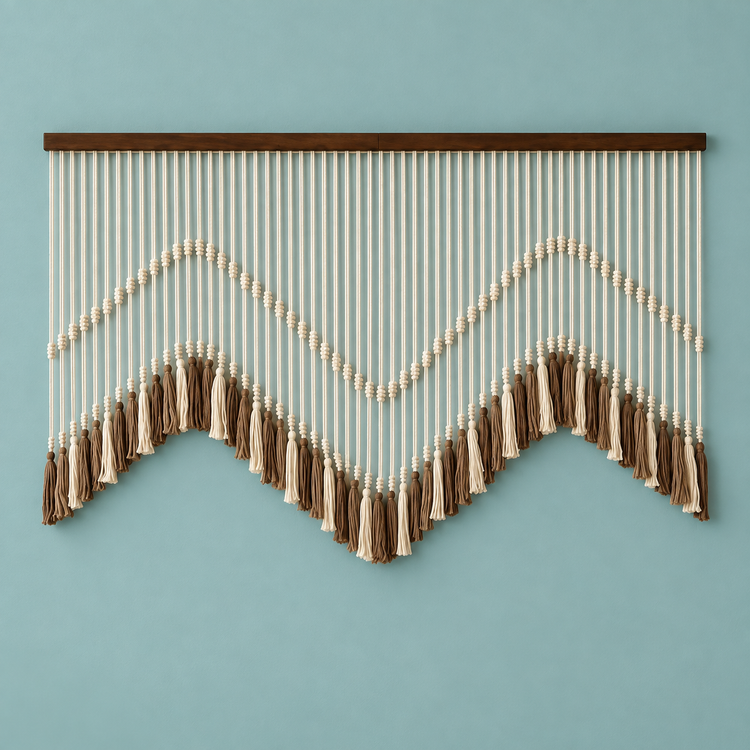 Type M Coffee studio on teal, beaded zigzag tassel panel, m or n wave