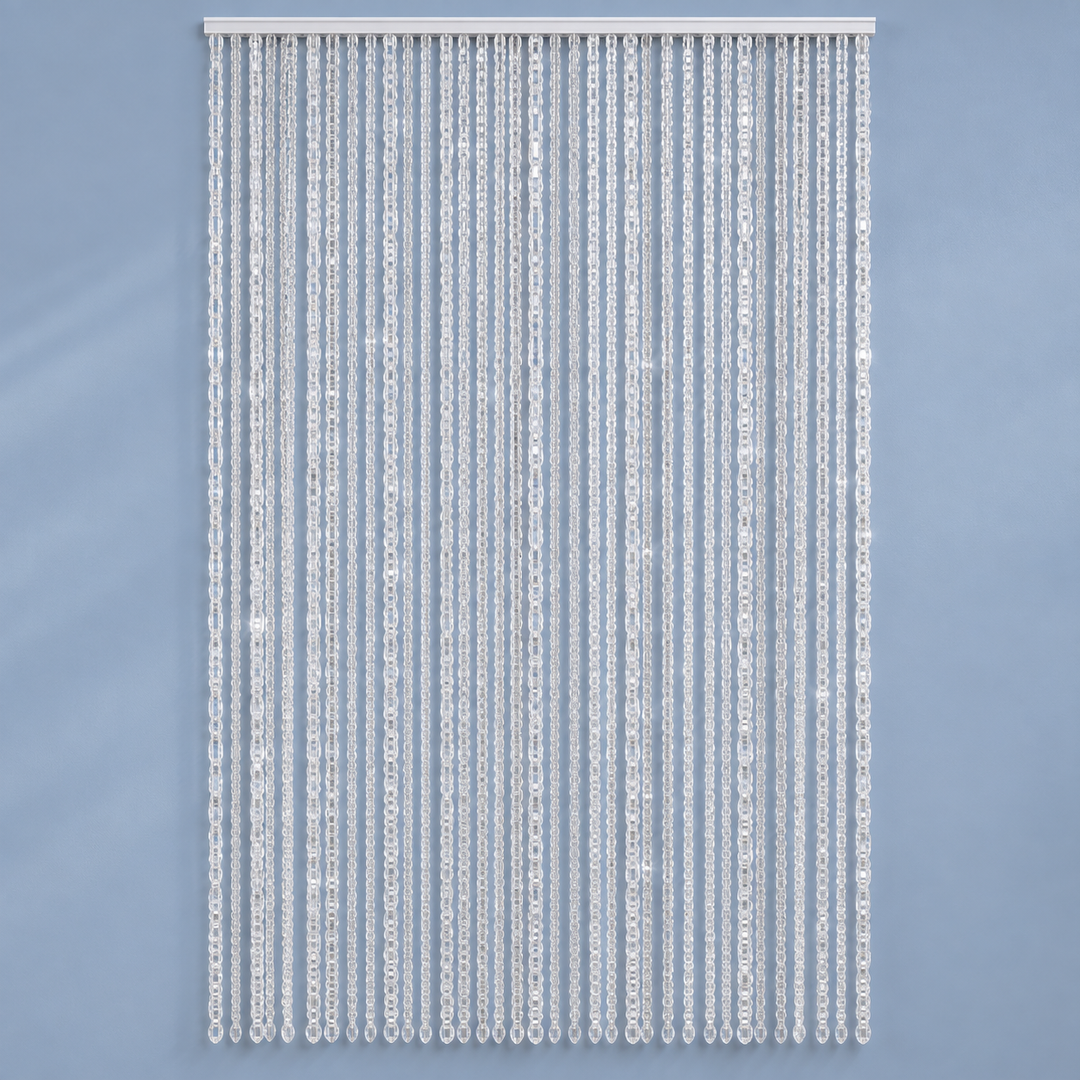 A vertical beaded curtain or door hanging with multiple strands of clear, faceted crystal-like beads suspended from a white rod, shown against a soft light blue background.