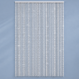 A vertical beaded curtain or door hanging with multiple strands of clear, faceted crystal-like beads suspended from a white rod, shown against a soft light blue background.