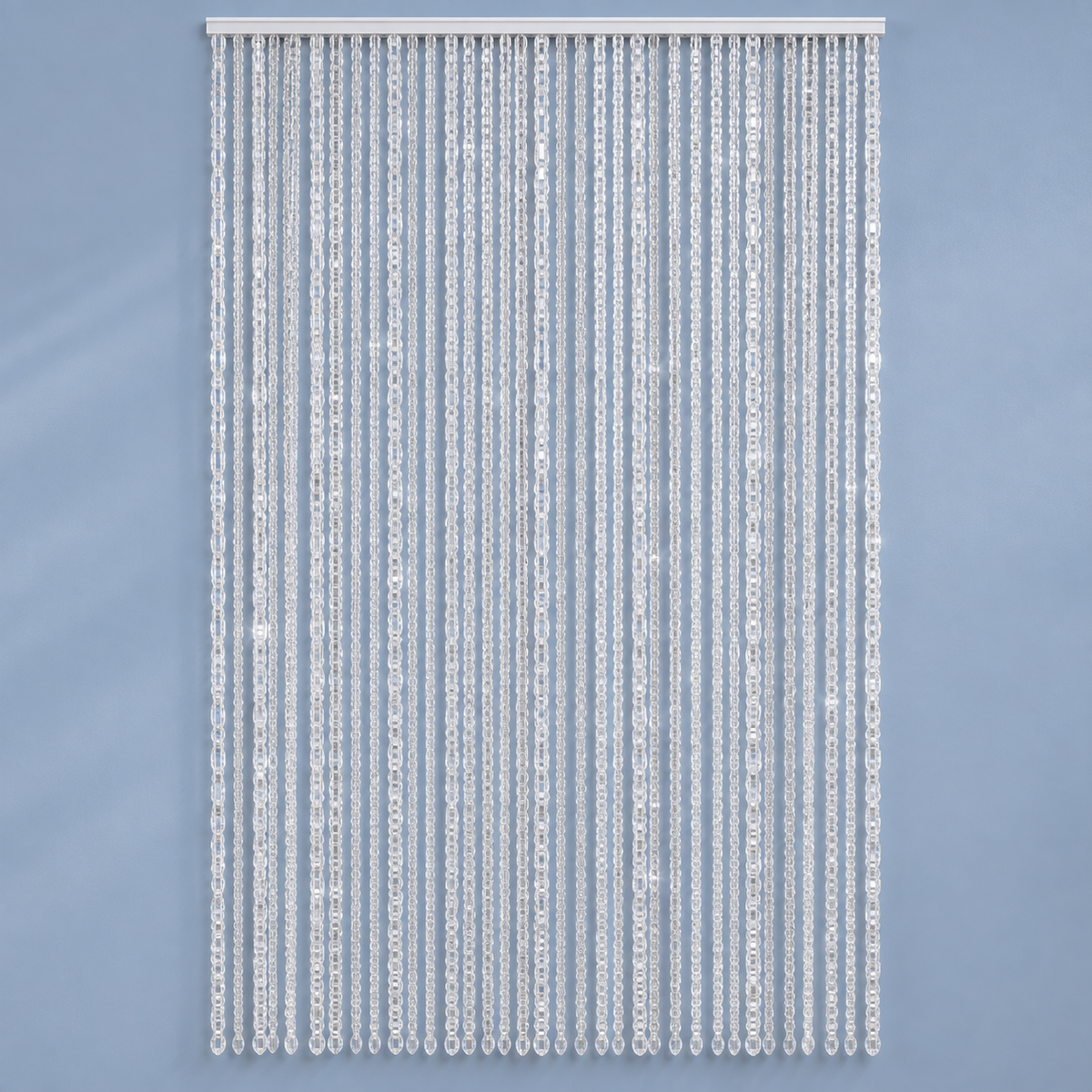 A vertical beaded curtain or door hanging with multiple strands of clear, faceted crystal-like beads suspended from a white rod, shown against a soft light blue background.