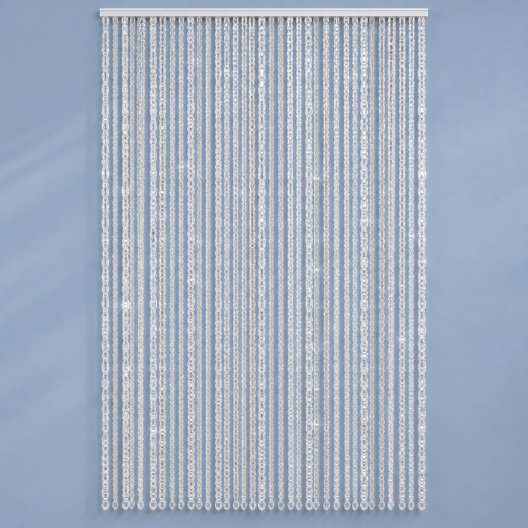 A vertical beaded curtain or door hanging with multiple strands of clear, faceted crystal-like beads suspended from a white rod, shown against a soft light blue background.