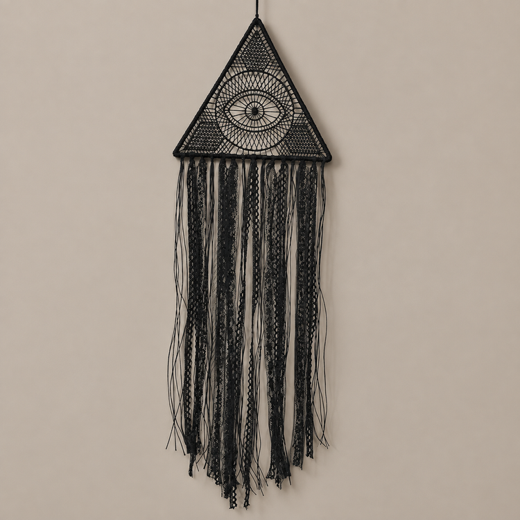 Option 1, black triangle with eye, studio on cream, hoop, moon or eye triangle