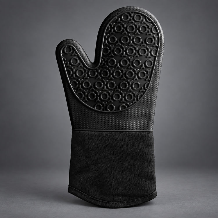 A single black oven mitt with a textured, circular-patterned non-slip grip and a solid black fabric cuff, photographed against a dark gray studio background.