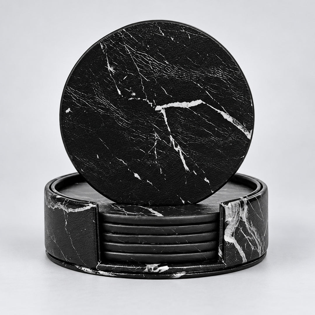Six black 10 cm artificial-leather coasters with matching holder.