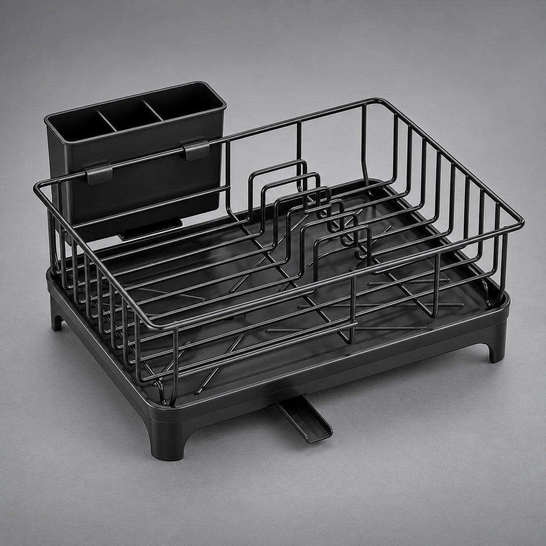 A black plastic and metal dish rack with a built-in organizer cup, shown on a neutral gray background.