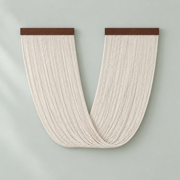 All cream U swag fringe wall hanging between two battens on a sage wall