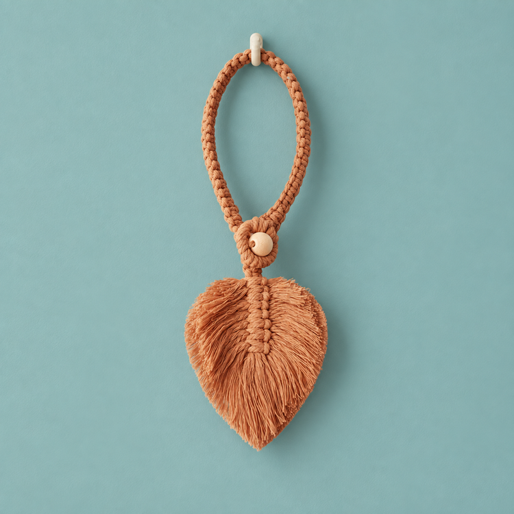 Brown studio on teal, macrame leaf holdbacks in 6 colors, twisted cord, combed flat at the leaf, round pale wooden bead