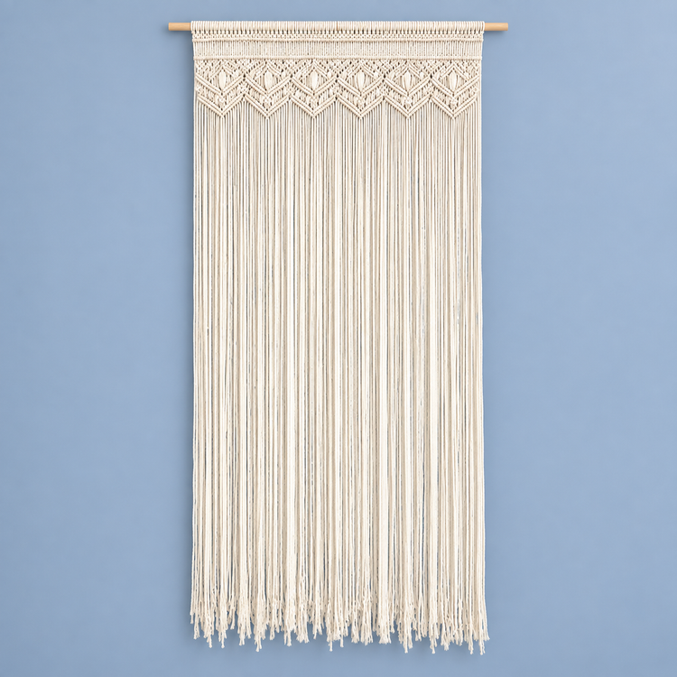C 90x180 studio on blue, macrame door panel in 6 sizes, twisted cord, wooden hanging rod