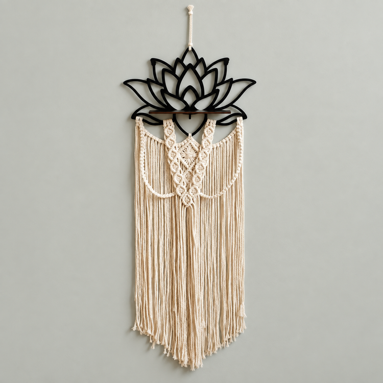 Black lotus wall hanging with a plain cream macrame fringe below the ledge