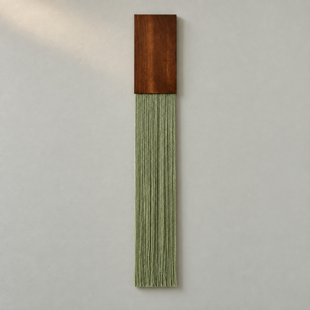 A vertical wall-mounted decorative piece featuring a rectangular dark brown wood top and a long fringe of sage green threads hanging below, shown against a plain light gray wall.