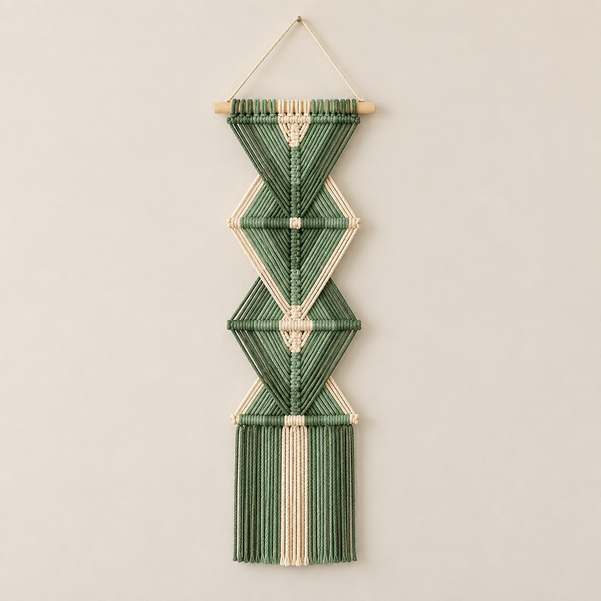 A vertical macrame wall hanging with a geometric diamond pattern, made from green and cream cotton cord on a light wood dowel, hanging against a plain beige wall.