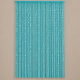 A turquoise blue beaded curtain with vertical strands of sequins hanging from a matching top rod, shown against a solid beige background.