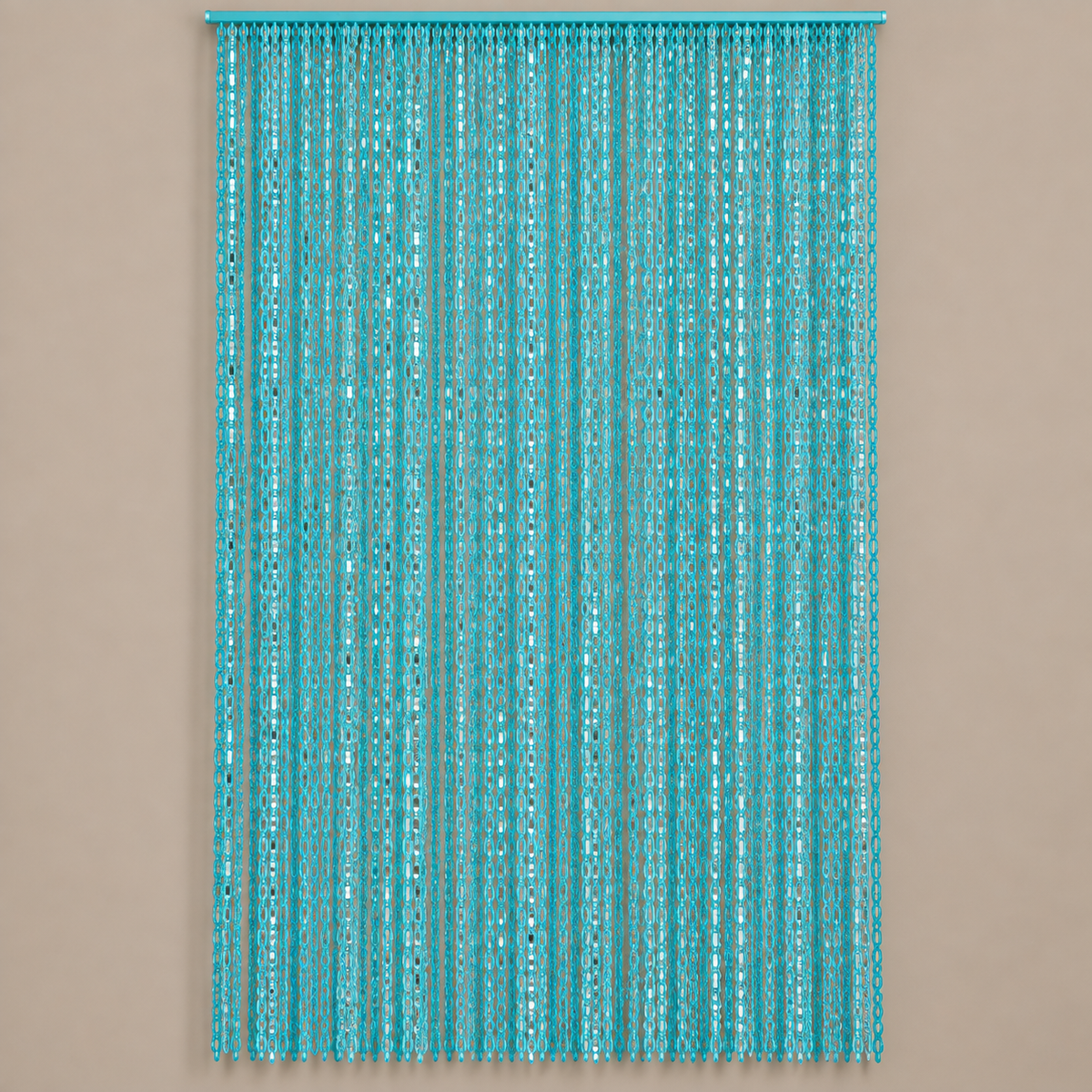 A turquoise blue beaded curtain with vertical strands of sequins hanging from a matching top rod, shown against a solid beige background.