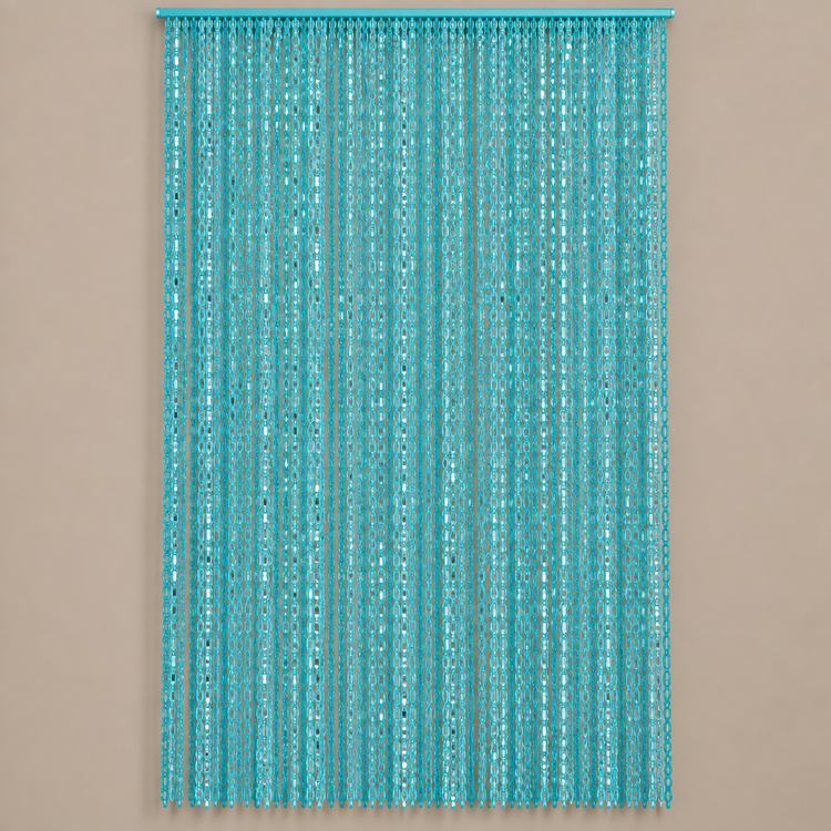 A turquoise blue beaded curtain with vertical strands of sequins hanging from a matching top rod, shown against a solid beige background.